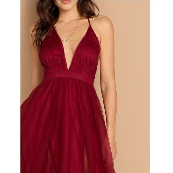 Burgundy Mesh Backless Maxi Dress V-Neck - Picture 4 of 6